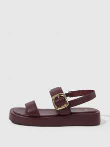 HighSole صنادل نسائية مزدوجة مفتوحة الأصابع بمقدمة مربعة وكعب مسطح ومنصة، بسيطة وكاجوال، مناسبة للتنقل والتسوق والعطلات - عنابي اللون - مشاهدة 1
