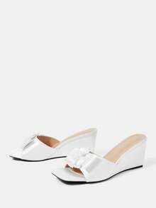 CUCCOO HITCHD White Satin Three-Dimensional Flower Square Toe Slope Heel Sandals Women's Summer Wear With Temperament Open-Toed Slippers - White - View 3