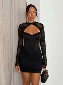 Glamine Women Lace Patchwork Hollow Out Underwire Unpadded Boned Bodycon Mini Dress, Halloween Vampire Cosplay Sexy Long Sleeve Date Party Clubwear - Black - View 4