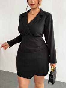 Firerie Vestido Blazer de Manga Longa com Gola Lapela Cor Sólida para Mulheres Plus Size, Elegante para Escritório, Jantar, Negócios, Trabalho, Festa de Verão, Preto - Preto - Visão 2