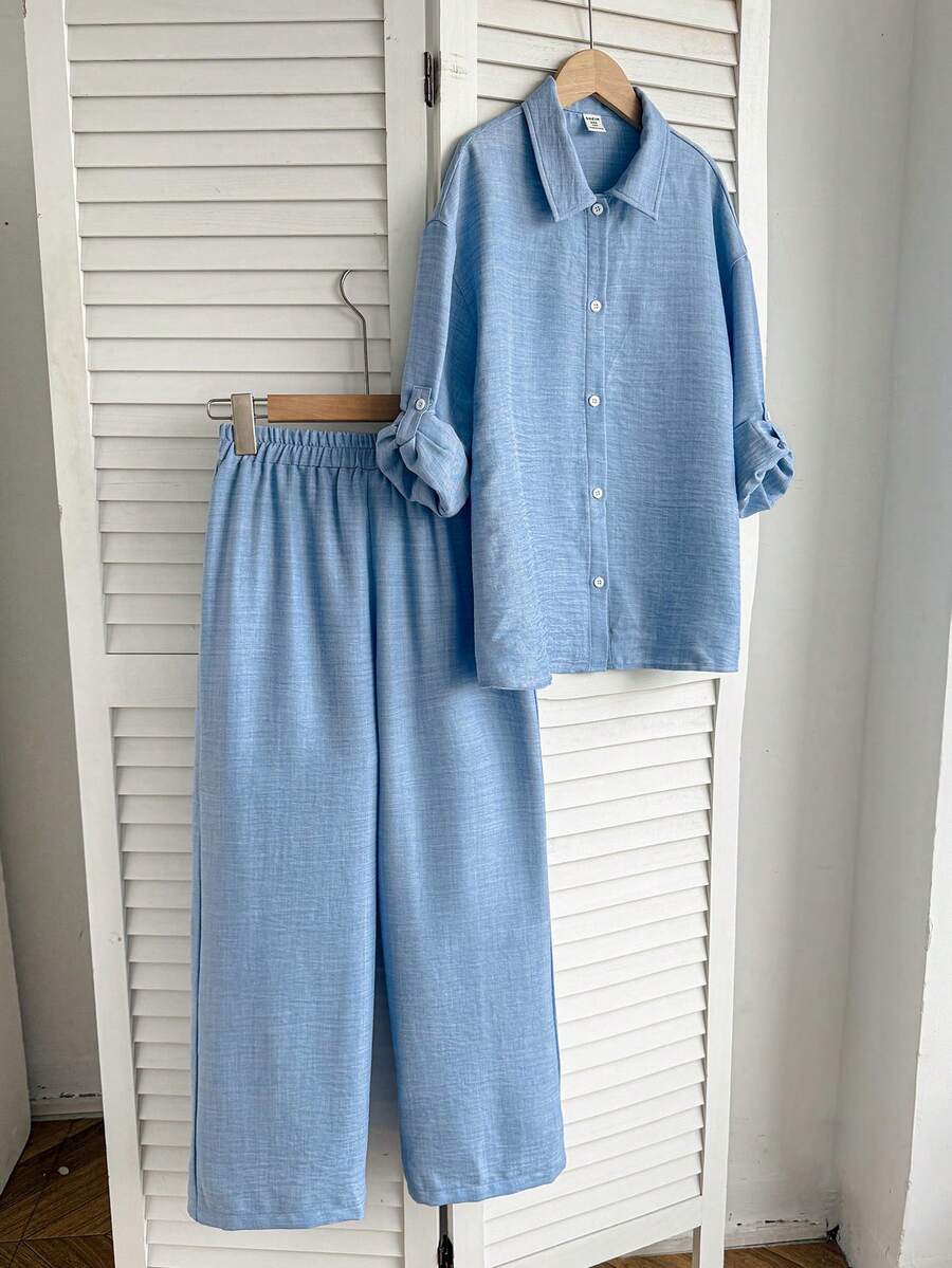 SHEIN Tween Girl Casual Daily Shirt & Long Pants Set - Apricot - View 1