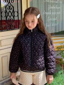 DAZY Tween Girls' Black And White Polka Dot Stand Collar Japanese-Korean Style Loose Thick Winter Coat Jacket Fall - Black - View 3