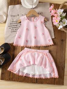Emery Rose Kids Emery Rose Kids 少女花卉印花圓領上衣與彈性腰褶皺裙休閒日常套裝 - 粉色 - 查看 6