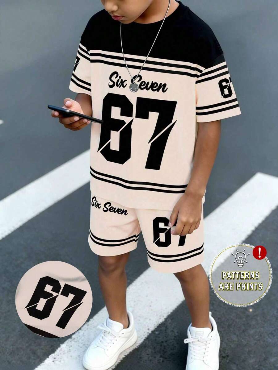 SHEIN Coolqubz 2件組男孩黑色夏季街頭風城市度假返校數字67條紋圖案字母印花T恤短褲套裝,大童運動球衣穿搭 - 彩色 - 查看 1