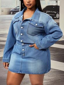 Slaydiva Gaun Bodycon Biru Non-Stretch untuk Wanita Ukuran Plus Model Cowgirl Outfit - Light Wash - View 6