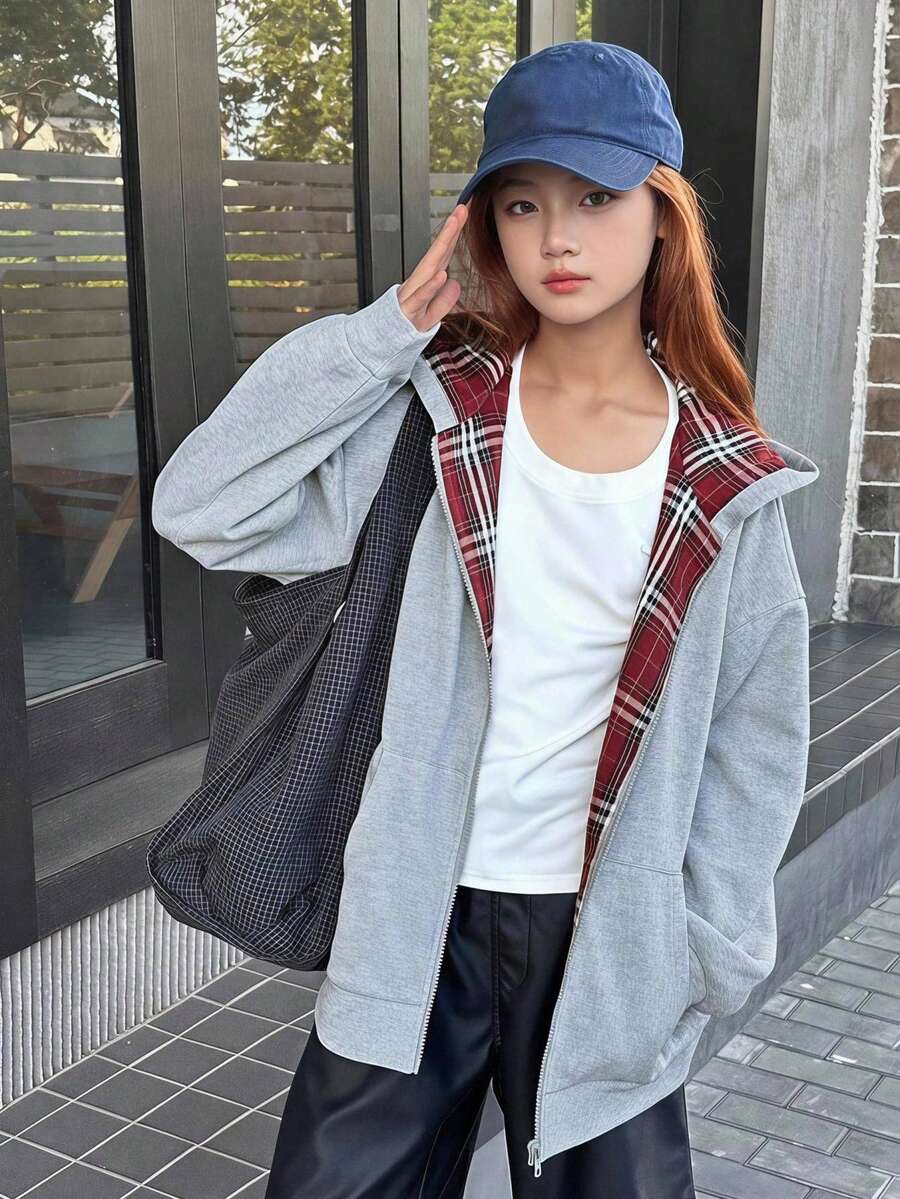 DAZY 青少年女孩秋季服飾 保暖內裡寬鬆休閒運動衫夾克 格紋拼接 寬鬆版型休閒格紋秋季休閒風 - 灰色 - 查看 1