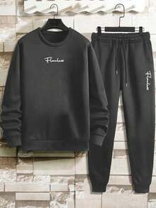 SHEIN Cottnline Men Letter Graphic Sweatshirt & Sweatpants - Dark Grey - View 2