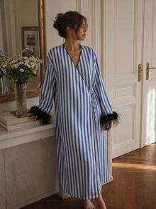 DAZY Summer & Autumn Charming Striped Plush Cuff Loose Fit Women's Robe - Blue - View 6