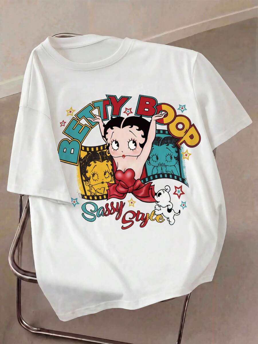 Betty Boop x SHEIN تي شيرت صيفي كاجوال بمقاس كبير مطبوع عليه حروف كرتونية - أبيض - مشاهدة 1