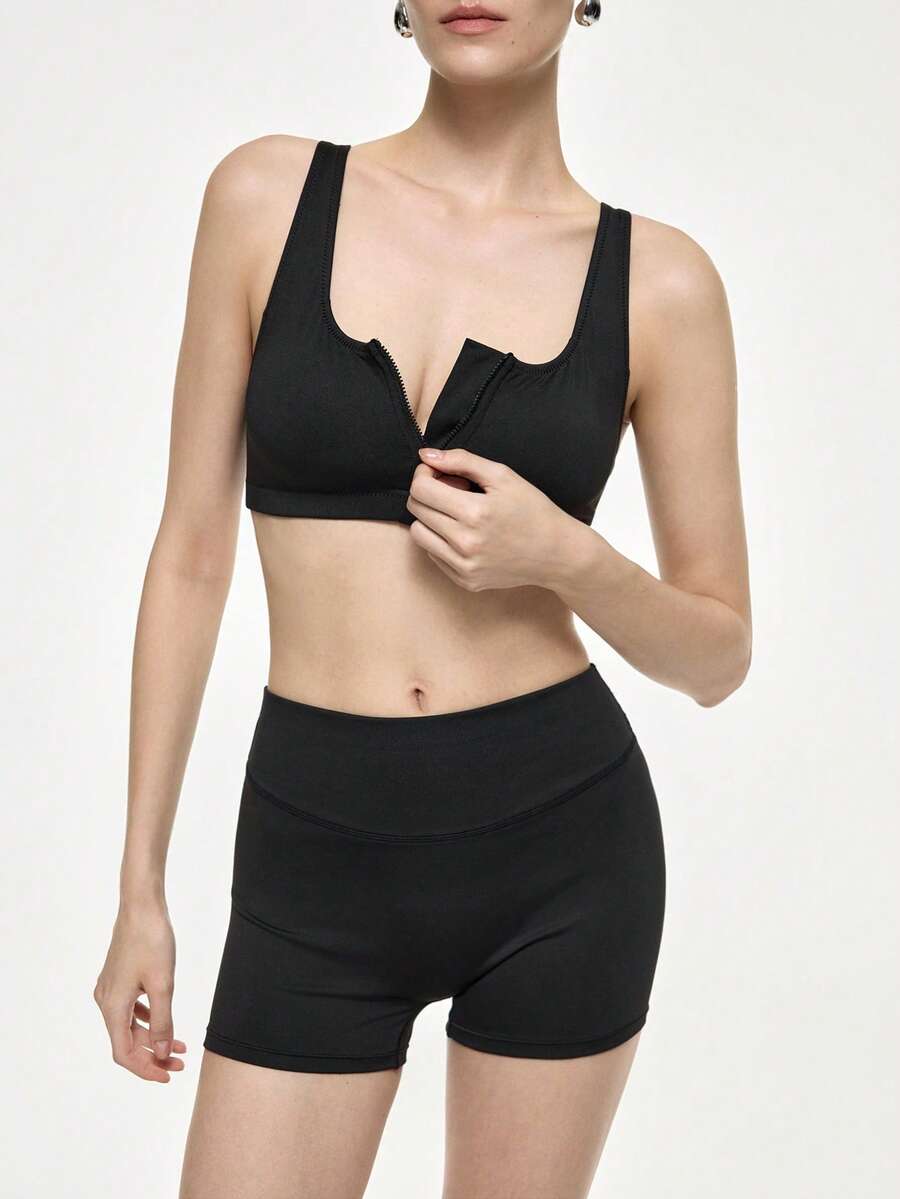 Bralution 2pcs Black Front Zipper Backless Criss-Cross Padded Shaping Easy On/Off Sports Bra Set For Women - Black - View 1