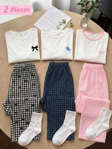 青少年女孩藍色馬匹印花白色短袖上衣與藍黑小格紋長褲休閒兩件式居家服套裝 - 彩色 - 查看 7