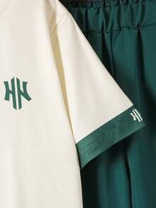 SHEIN 2件組 青少年男孩秋冬新款潑墨印花短袖T恤與錐形工裝褲休閒百搭套裝，日常穿著，優雅穿搭，適合外出、度假、旅行、拍照，2026春夏新款時尚，適用於校園及其他場合 - 綠色 - 查看 7