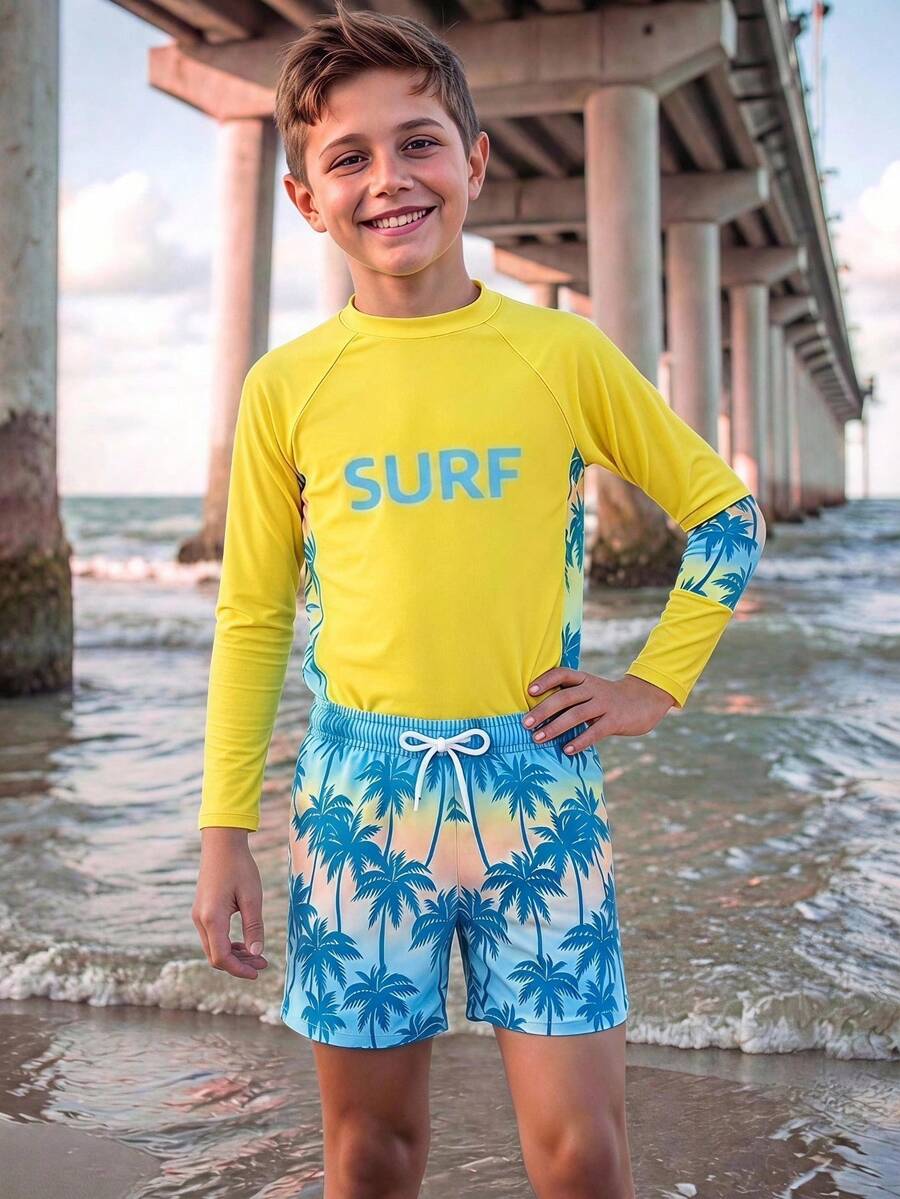 SHEIN Tween Boys 2-Piece Swimwear Set,Long Sleeve Rash Guard & Trunks,Palm Tree Print,Blue,Summer,Funny,Beach,Vacation,Holiday,Tropical Surfing Style,Knit - Yellow - View 1