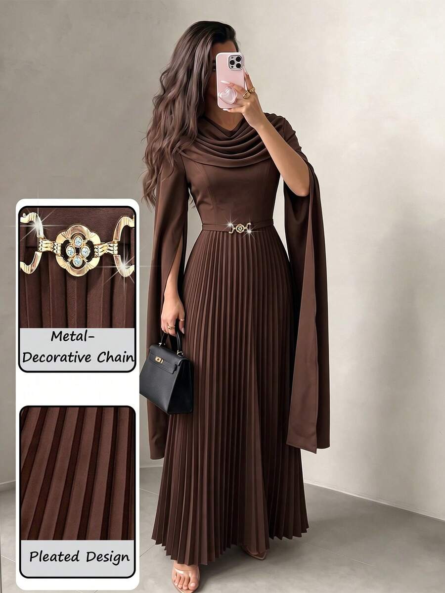 Modelyn Women's Solid Color Metal Decor Ruched Waist Long Sleeve Side Slit Deep Brown Dress, Elegant For Parties And Various Occasions