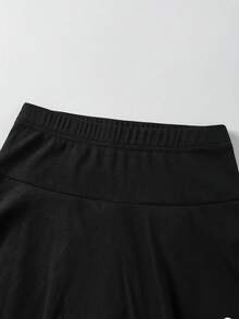 SHEIN 青少年女孩緊身褲，休閒優雅裙褲二合一蝴蝶結圖案，適合春、秋、夏穿著，完美適用於外出 - 黑色 - 查看 7