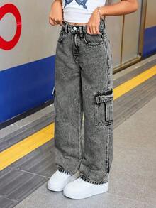 SHEIN Tween Girl Casual Baggy Denim Jeans With Flap Pockets And Contrast Stitching Details Straight Leg Cargo Jeans, For Spring And Summer Fall Winter - Black - View 4