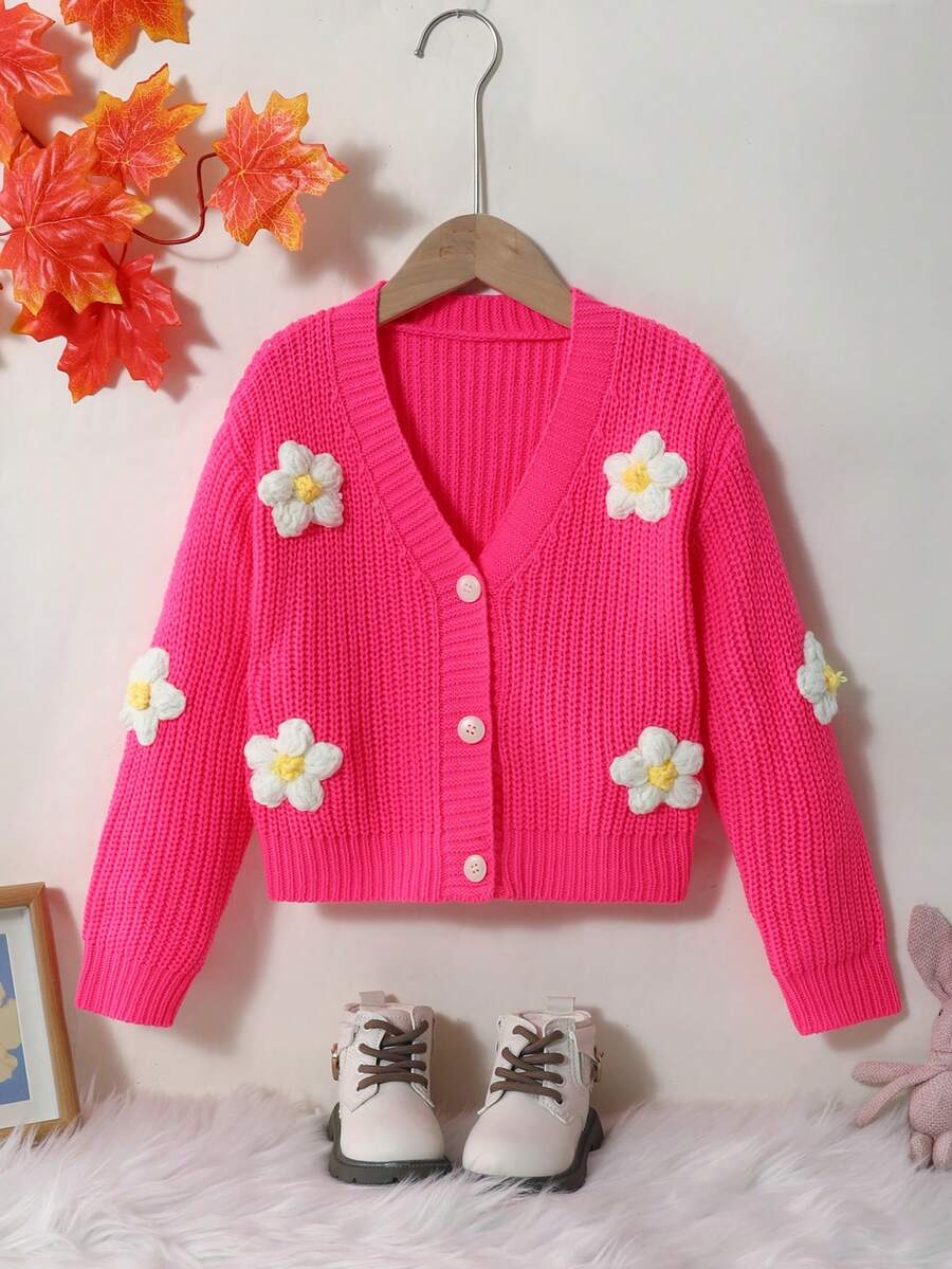 Elladie kids 女童 3D 花卉刺繡鈕扣長袖針織開襟衫 - 玫紅色 - 查看 1