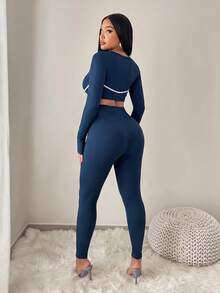 BamGleam Women's Cross Design Long Sleeve Cropped T-Shirt And Leggings Sports Set - Navy Blue - View 3