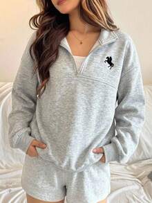 Tween Girl Minimalist Loose Casual Half-Zip Sporty Sweatshirt With Split Design , Fall/Winter - Light Grey - View 2