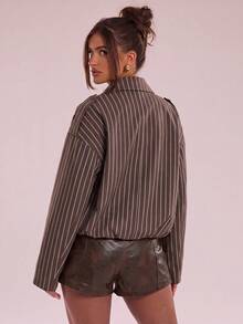 SHEIN BAE Women's Brown Striped Jacket For Autumn And Winter, Suitable For Casual Commuting And Street Style. Autumn Jacket, Brown Striped Coat, Casual Jacket, - Coffee Brown - View 2