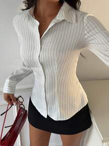 SHEIN EZwear 女款條紋單排扣休閒日常穿著襯衫 - 黑與白 - 查看 5