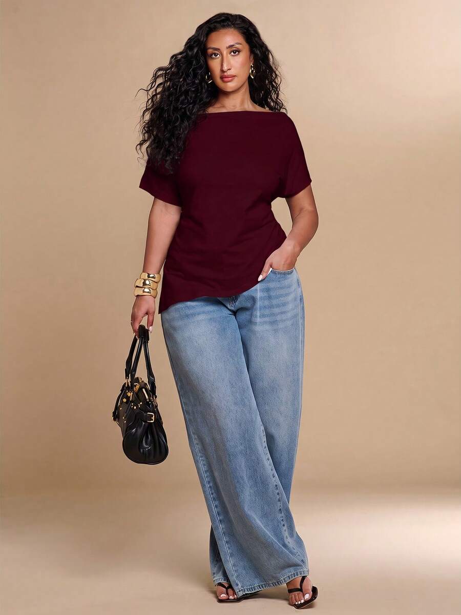 SHEIN BAE CURVE 大尺碼女款純色不對稱領修身百搭休閒上衣 - 酒紅色 - 查看 1