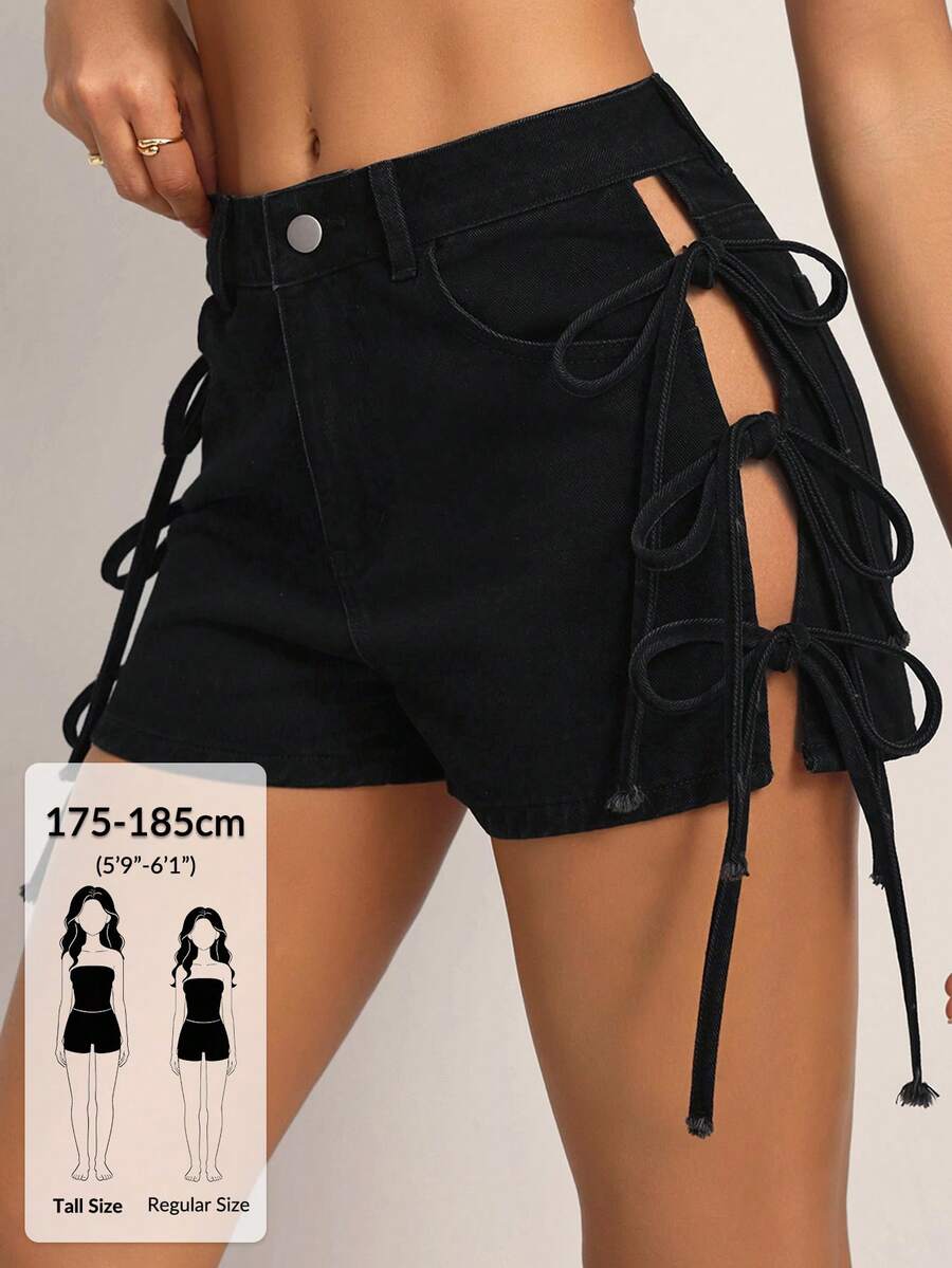SHEIN Tall 女款休閒性感百搭日常牛仔短褲,附口袋與鈕扣,黑色,適合夏日夜晚外出 - 黑色 - 查看 1