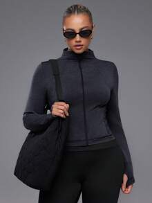 Voyena Plus Size Women Solid Color Zipper Casual Versatile Daily Travel Sports Jacket Fall - Dark Grey - View 3