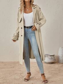 SHEIN Clasi Abrigo Trench con Manga Raglán, Doble Botonadura y Cinturón para Otoño/Invierno - Albaricoque - Ver 3