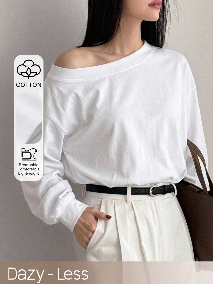Dazy-Less 女款純棉船領不對稱肩長袖白色素色寬鬆落肩休閒極簡風T恤 夏季 - 白色 - 查看 1