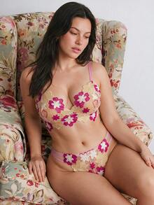 Elorette Set Lingerie Ukuran Plus 2 Buah dengan Kawat Penyangga, Bordir Jala, Patchwork, Motif Bunga, Cup Segitiga, Nuansa Romantis Pedesaan - Berwarna merah muda - View 5