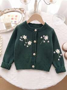 SHEIN Baby Girl Knitted Solid Color Embroidered Pattern Round Neck Casual Cardigan - Green - View 5