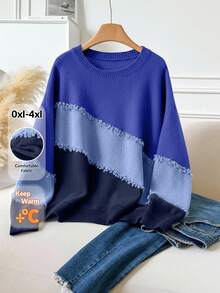 CosyJoli Plus Size Casual Cat Whisker Tassel Color Block Crew Neck Pullover Sweater Autumn Winter Clothes For Women - Blue - View 6