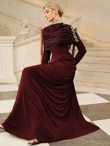 Anewsta Affair Gaun Malam Mewah Wanita Elegan Berwarna Burgundy dengan Hiasan Renda dan Patchwork untuk Acara Pernikahan dan Pesta. - Burgundy - View 7