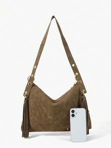 Viva Strut Ladies Bag, Y2K Punk Retro Bag, Metal Ring Decoration, Fringed Decoration, Bohemian  Handbag, Suitable For Campus, Shopping, Festivals, Commuting - Coffee Brown - View 5
