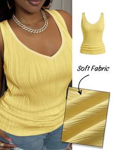 Slaydiva Plus Size Women's Casual Basic Tank Top, Deep V-Neck And Fine Ribbed Texture, White - Light Yellow - View 7