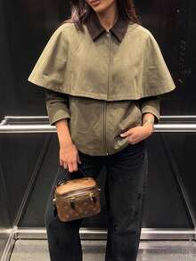 Firerie Jaket Kardigan Syal Vintage Kasual Wanita Warna Hijau, Mantel Trench Pendek Musim Gugur, Jaket Gudang, Gaya Jalanan Kasual untuk Beraktivitas di Luar Ruangan - Coklat - View 7