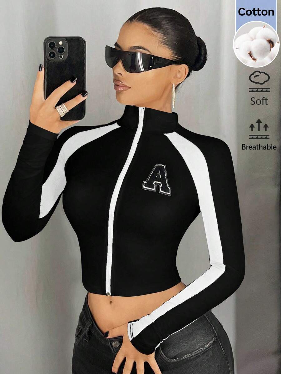 SHEIN ICON Women's Slim Fit T-Shirt With Small Stand Collar, Color Block Patchwork And Badge Decoration - Black and White - View 1