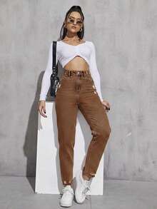 EMERY ROSE Jeans de mezclilla casuales lavados y desgastados - Café integral - Ver 3