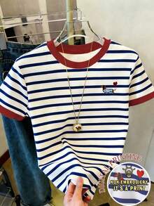SHEIN Playful Pals 2026春夏新款女童时尚休闲舒适度假条纹领口和袖口撞色设计，仿刺绣爱心狗条纹印花短袖圆领T恤，适合夏季穿着 - 彩色 - 查看 4