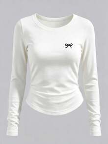 Women's Contrast Color Bow Embroidered Round Neck Long Sleeve T-Shirt - Multicolor - View 5