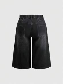 ROMWE Grunge Punk Vintage Street Style Plus Size Denim Wide Leg Capri Pants With Totem Print Loose Straight Leg Casual Versatile Jeans - Black - View 2