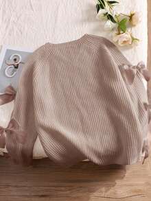 CosyJoli Plus Size Hollow Bowknot Decor Cute Loose Fit Pullover Sweater, Apricot Color, Fall/Winter - Beige - View 2