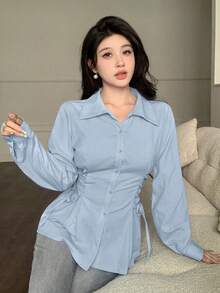 Modelyn 女款純色繫帶設計單排扣休閒繃帶風優雅百搭日常穿著襯衫 早午餐辦公室淺藍色秋季 - 藍色 - 查看 4