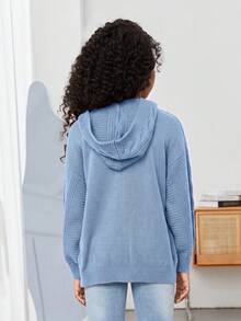 SHEIN 青少年女孩純色休閒百搭日常穿著長袖開襟衫 - 藍色 - 查看 2