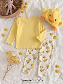 Newborn Baby Girl Cute Cartoon & Floral Pattern Long Sleeve Loungewear Set - Multicolor - View 2