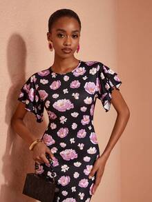 JIAN LASALA Knit Round Neckline Double Short Ruffle Layers Sleeves Long Dress Elegant Romantic Vacation Casual Black Floral Summer - Multicolor - View 6