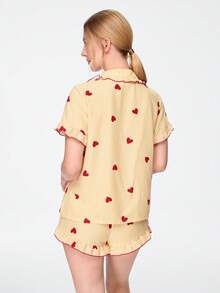 Bonmuse Women's Sleepwear Set With Heart Striped Woven Print, Ruffled Collar, Short Sleeve Top And Shorts, Sweet, Cute And Elegant - Yellow - View 2
