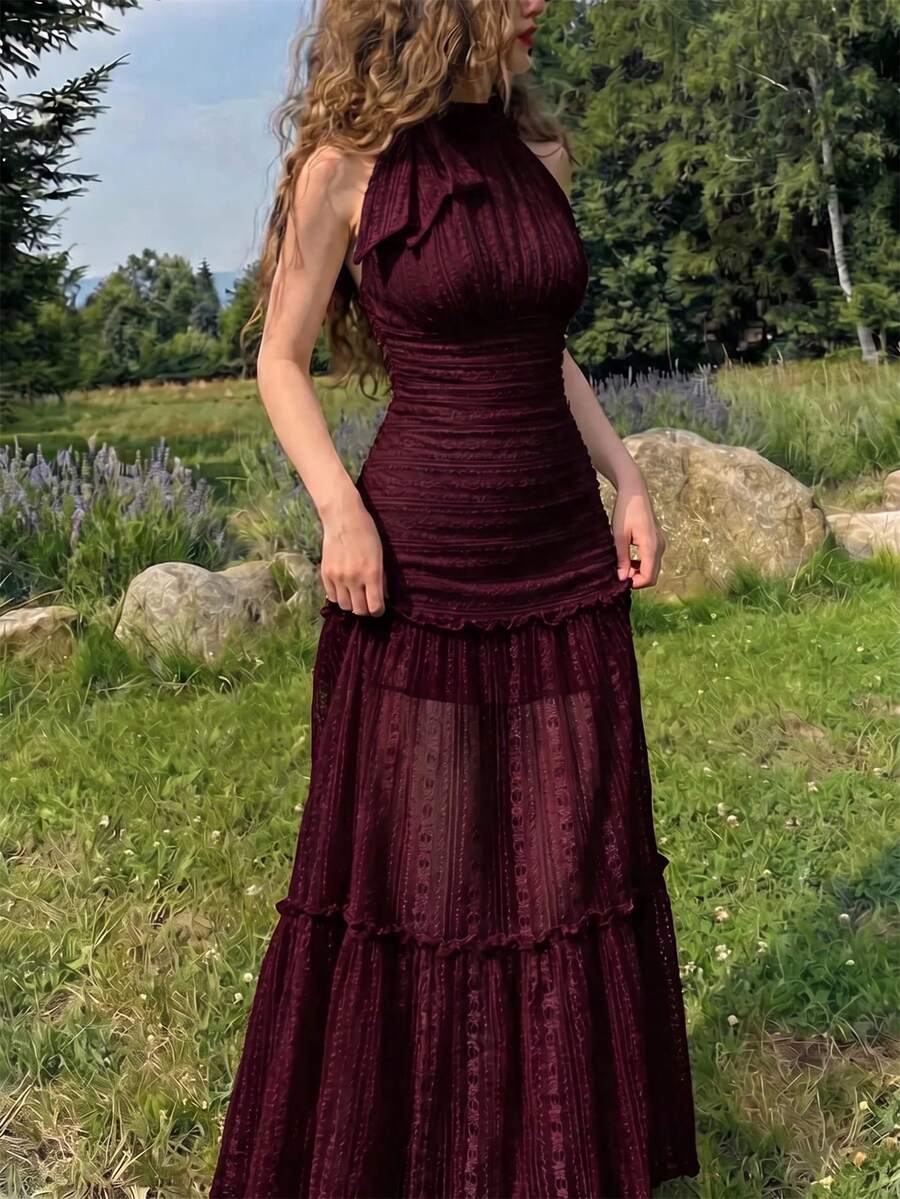 SHEIN MOD 女款純色百褶休閒優雅派對度假旅行洋裝 酒紅色 夏季 - 酒紅色 - 查看 1