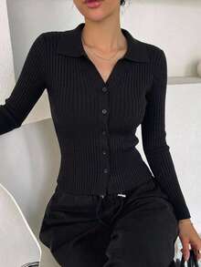 DAZY Women's Slim Fit Long Sleeve Single-Breasted Knit Cardigan - Black - View 1